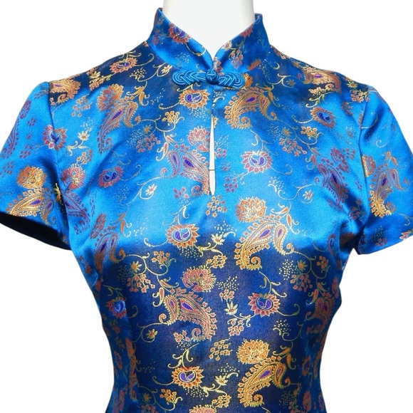 David Warren Vintage 90s Cheongsam Asian Dress Size 8 M Blue Gold Red Floral - Picture 3 of 11